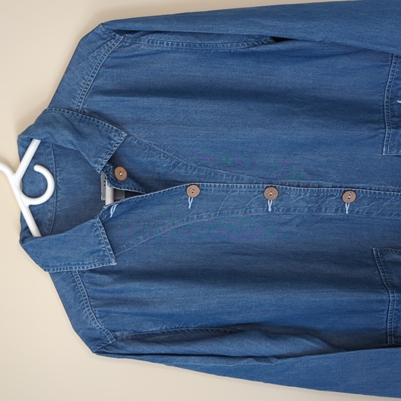 AKS for Nordstrom Tencel Lyocell Button Up Denim Look Coat M Blue Pockets AmyKSu - Picture 6 of 16